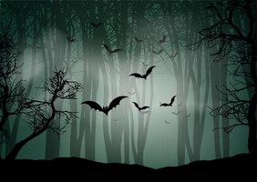 Halloween-hintergrund mit nebliger waldlandschaft und fledermäusen