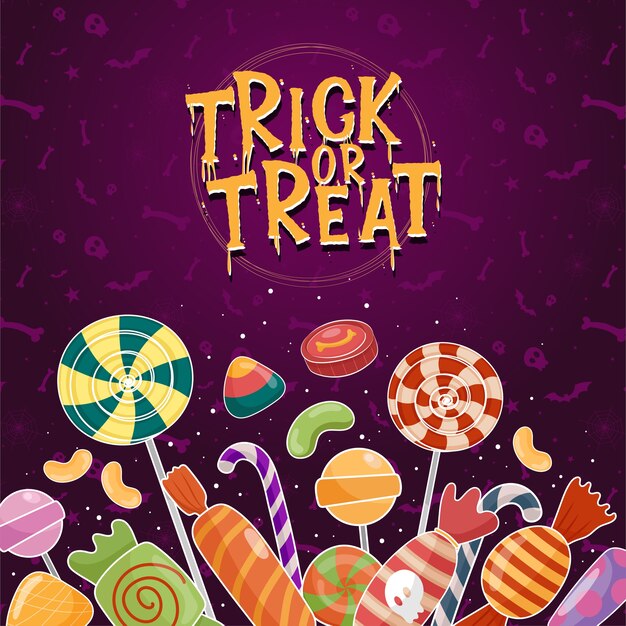 Halloween-Ikonenvektor mit bunten Süßigkeiten auf lila Hintergrund
