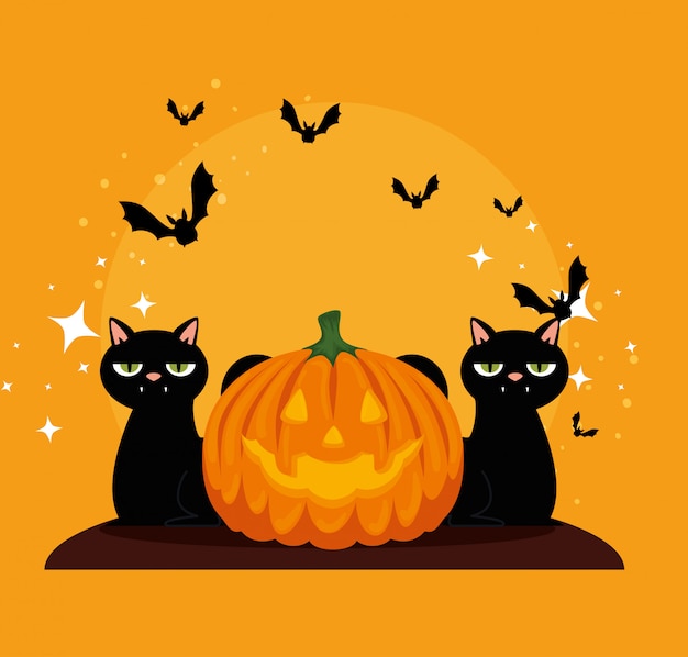 Halloween-Karte mit Kürbis- und Katzenschwarzen