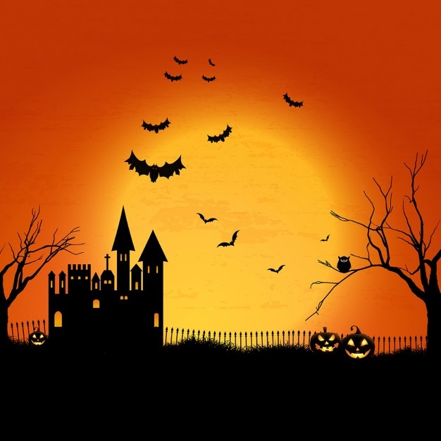 Halloween-landschaft mit spukhaus und friedhof