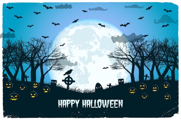 Halloween-Nacht mit Laternen von Jack und Friedhof fliegenden Fledermäusen auf riesigem Mond