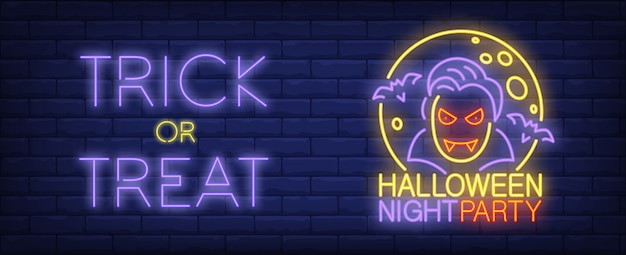 Kostenloser Vektor halloween nacht party neon stil banner. süßes oder saures text, vampir, fledermäuse und mond