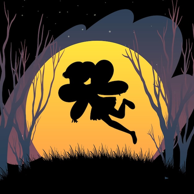 Kostenloser Vektor halloween-nachthintergrund mit feenhafter silhouette