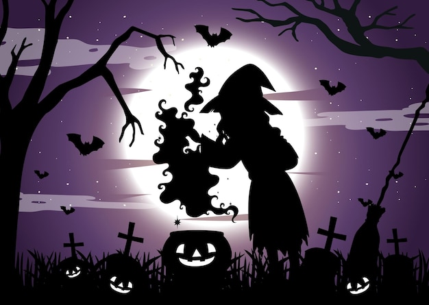 Halloween-nachthintergrund mit hexensilhouette