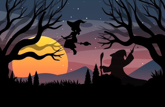 Kostenloser Vektor halloween-nachthintergrund mit hexensilhouette