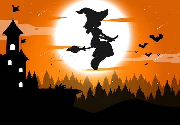 Halloween-nachthintergrund mit hexensilhouette