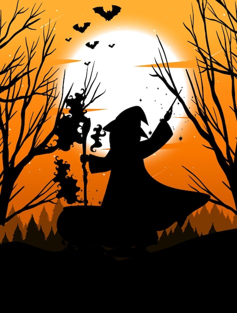 Kostenloser Vektor halloween-nachthintergrund mit hexensilhouette