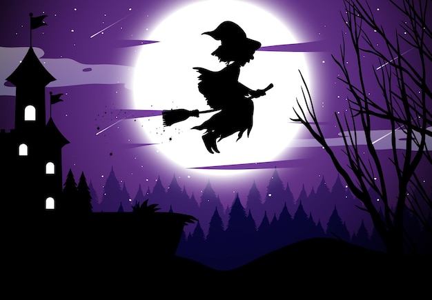 Kostenloser Vektor halloween-nachthintergrund mit hexensilhouette