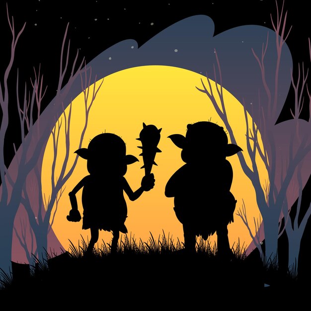 Halloween-Nachthintergrund mit Trollsilhouette