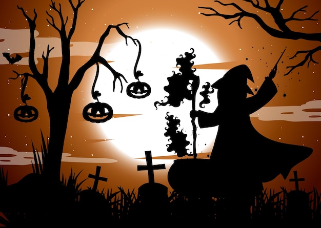 Kostenloser Vektor halloween-nachthintergrund mit zauberer-silhouette