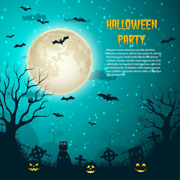 Halloween-party-nachtmondplakat mit leuchtendem mond auf nachtsternhimmel und friedhof kreuzt über gräbern flach