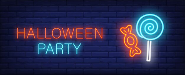 Halloween-Party-Neonartfahne mit Festlichkeit auf Ziegelsteinhintergrund