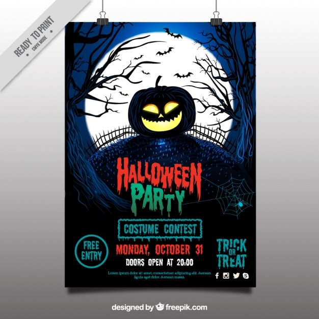 Kostenloser Vektor halloween-party-plakat mit kürbis auf dem friedhof