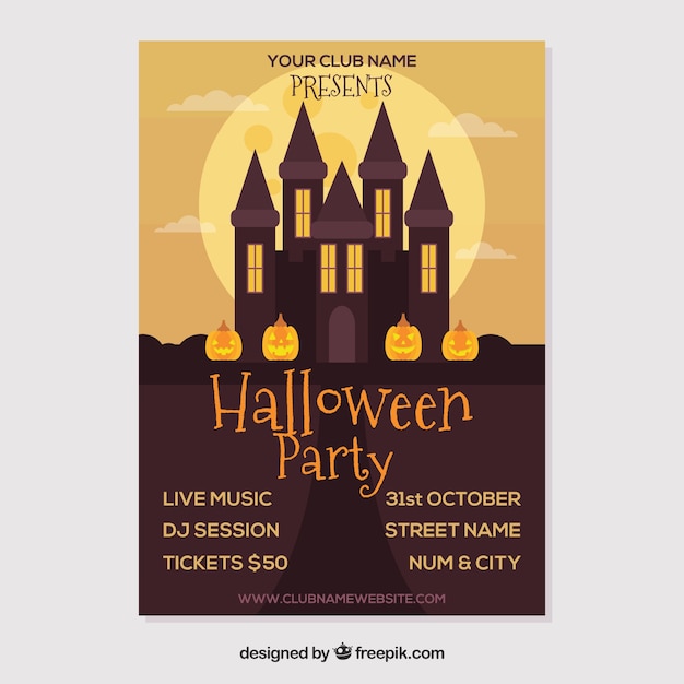 Kostenloser Vektor halloween-partyplakat mit einem großen schloss