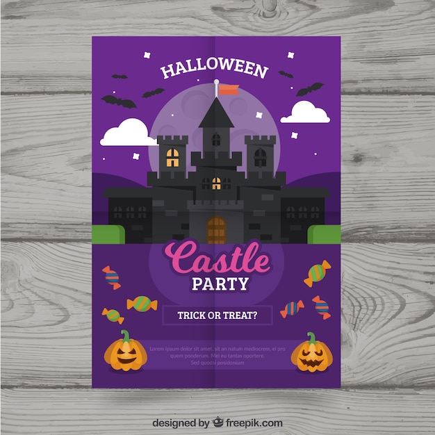 Kostenloser Vektor halloween-partyplakat mit einem nachtschloss