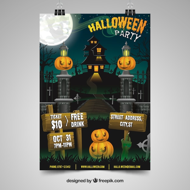 Halloween-partyplakat mit haus und kürbissen