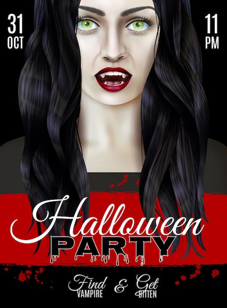 Halloween-Partyplakat mit unheimlicher Frau, die Vampirzähne trägt