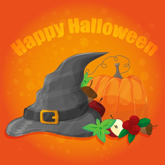 Halloween-poster, banner oder hintergrund. vektorillustration mit kürbis, hut und anderen elementen