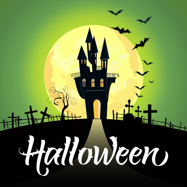 Halloween-Schriftzug mit Schloss, Mond und Friedhof