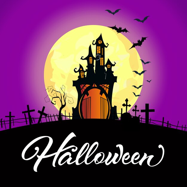 Halloween-Schriftzug mit Schloss, Vollmond und Friedhof