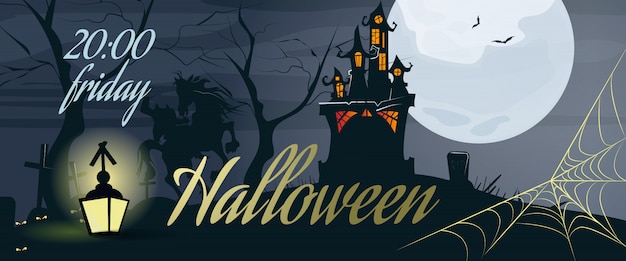 Halloween-Schriftzug mit Web, Mond, Schloss und Laterne