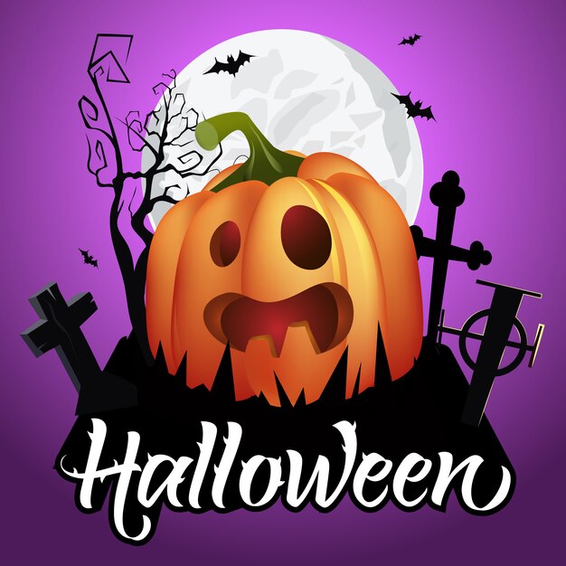 Halloween-Schriftzug. Spooky Kürbis auf Friedhof, Fledermäuse und Mond