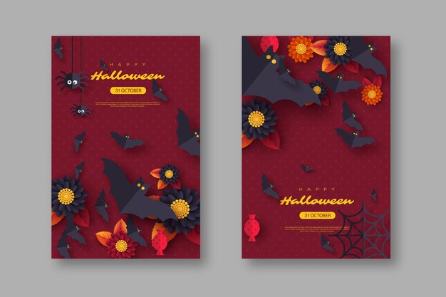 Halloween-Urlaub-Hintergrund. Fliegende Fledermäuse im Scherenschnitt-Stil, Süßigkeiten, Blumen und Spinnen. Lila Farbhintergrund mit Grußtext, Vektorillustration.