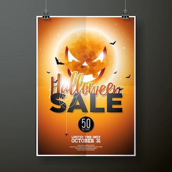 Halloween-verkauf vektor poster vorlage illustration mit mond und fledermäuse auf orange himmel hintergrund. design für angebot, gutschein, banner, gutschein oder werbeplakat