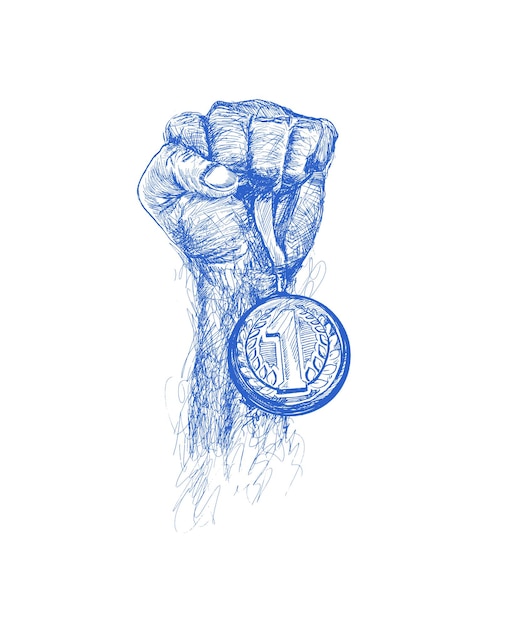 Hand erhoben und goldmedaille halten award of victory sketch vector illustration