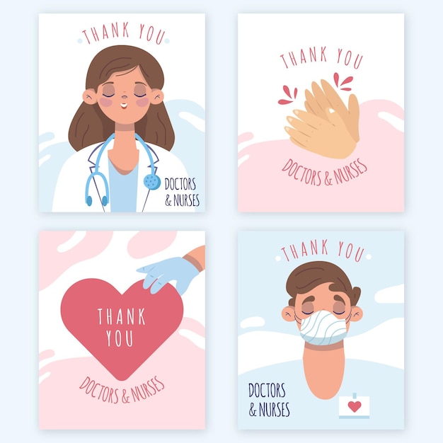 Hand gezeichnet danke ärzte und krankenschwestern postkarten