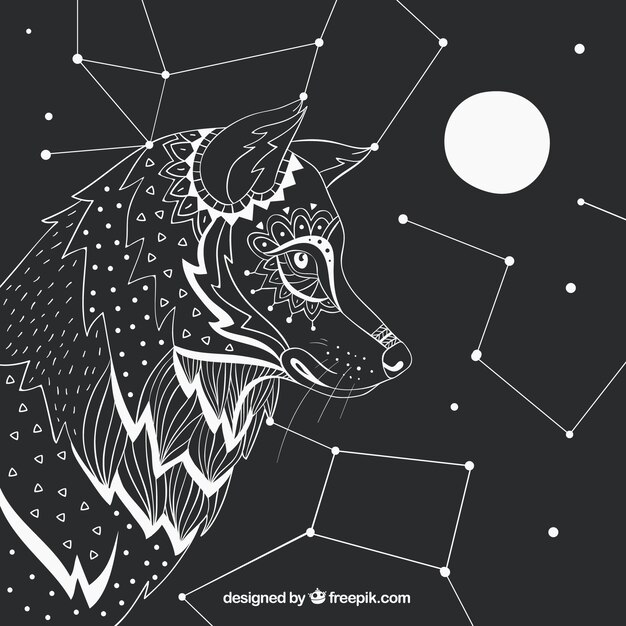 Hand gezeichnet Wolf Profil Hintergrund mit Konstellationen und Mond