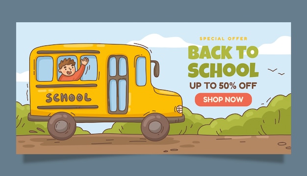 Kostenloser Vektor hand gezeichnet zurück zu horizontaler fahnenschablone der schule mit bus