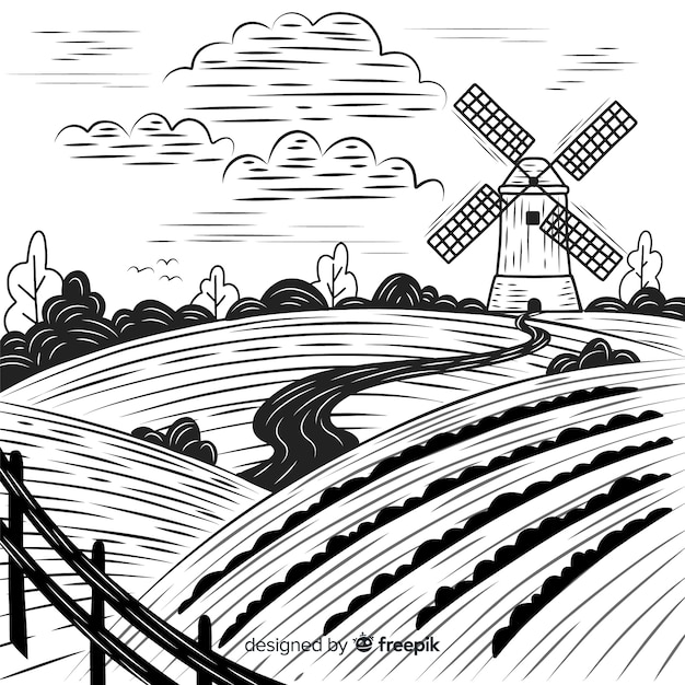 Windmuhle Logo Landschaft In Vintage Retro Handgezeichneten Oder Gravierten Stil Kann Fur Backerei Logo Weizenfeld Mit Alten Gebaude Verwendet Werden Premium Vektor