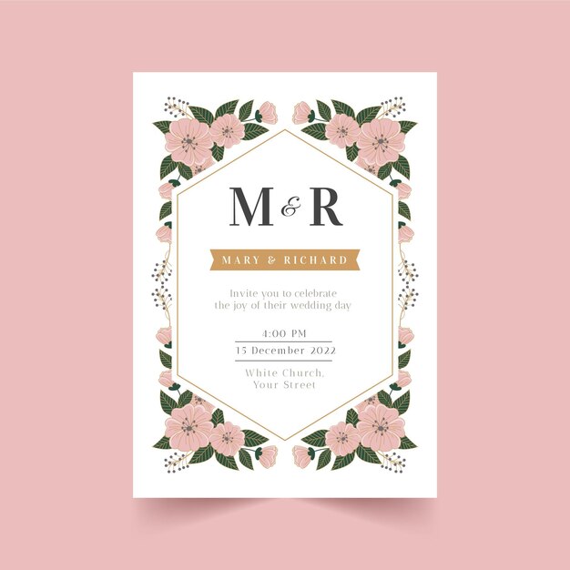 Hand gezeichnete Blumenhochzeitseinladungsschablone