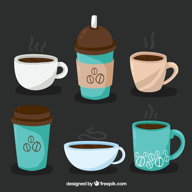 Hand gezeichnete braune und blaue Kaffeetassesammlung