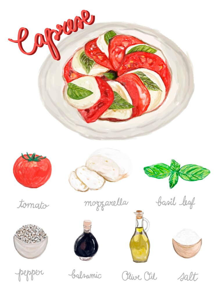 Kostenlose Vektor hand gezeichnete caprese-salat-aquarellart