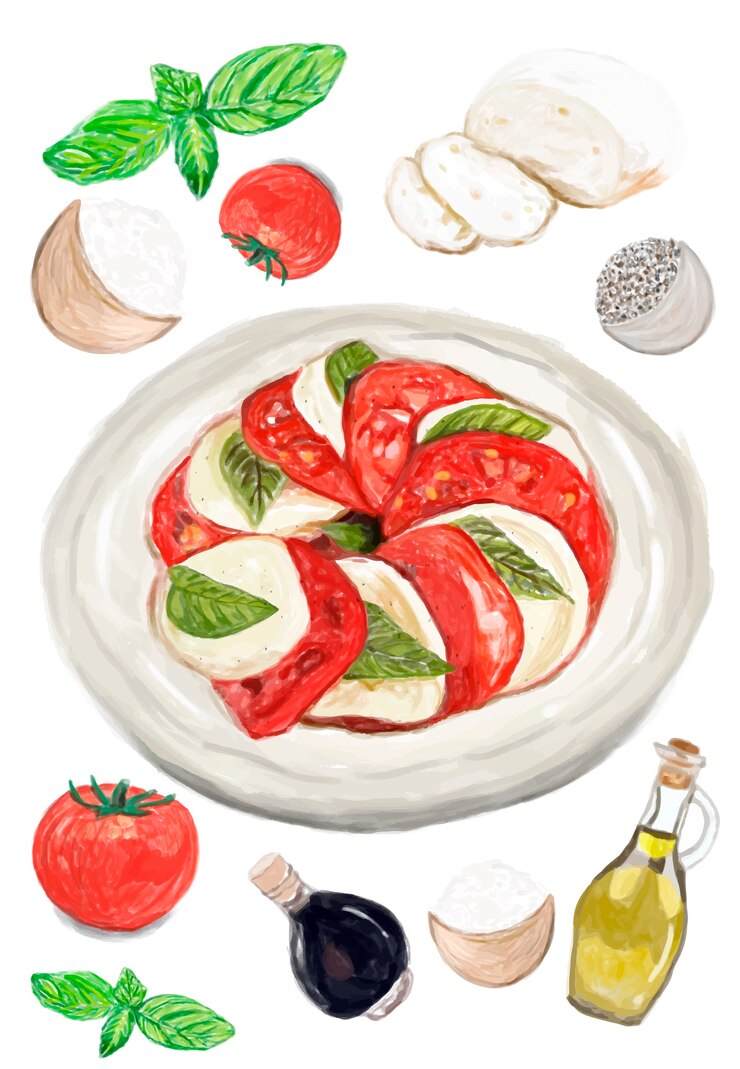 Kostenlose Vektor hand gezeichnete caprese-salat-aquarellart