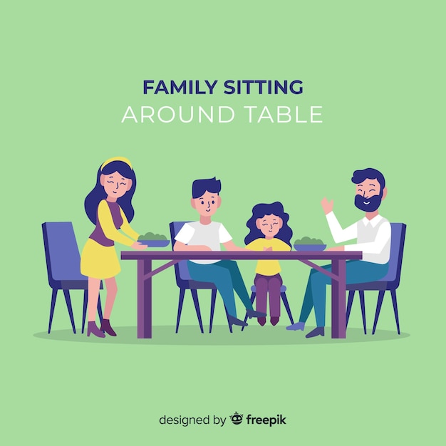 Hand gezeichnete familie, die um tabellenillustration sitzt
