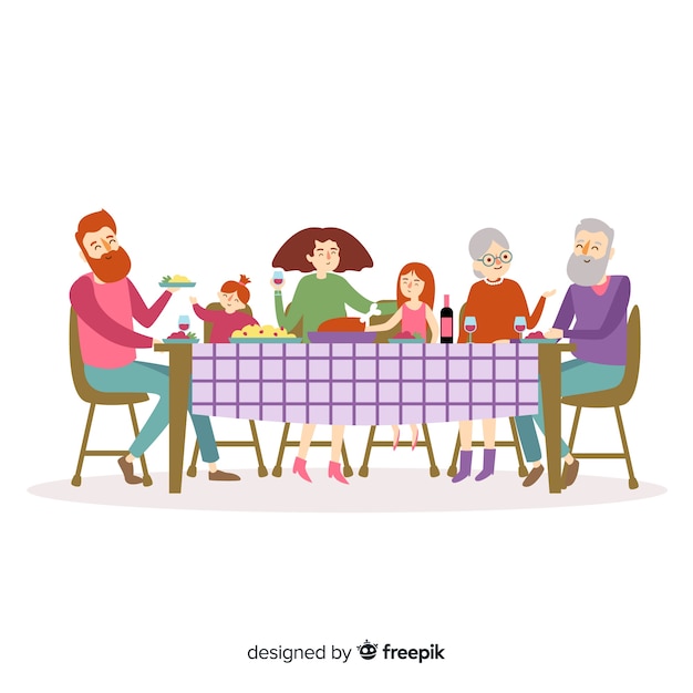 Kostenloser Vektor hand gezeichnete familie, die um tabellenillustration sitzt