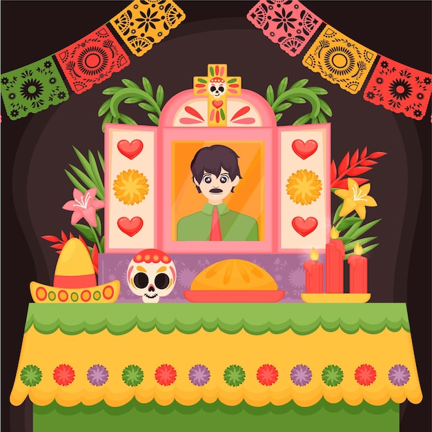 Hand gezeichnete flache dia de muertos familienhausaltarillustration