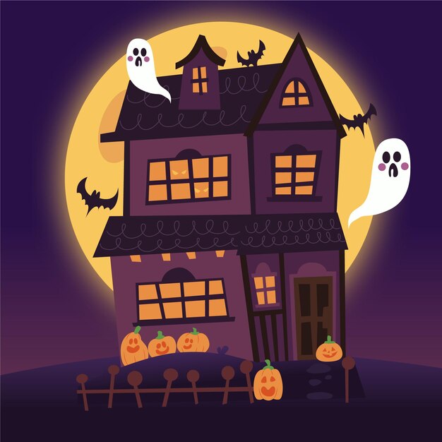 Hand gezeichnete flache halloween-hausillustration