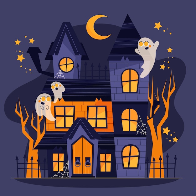 Hand gezeichnete flache halloween-hausillustration