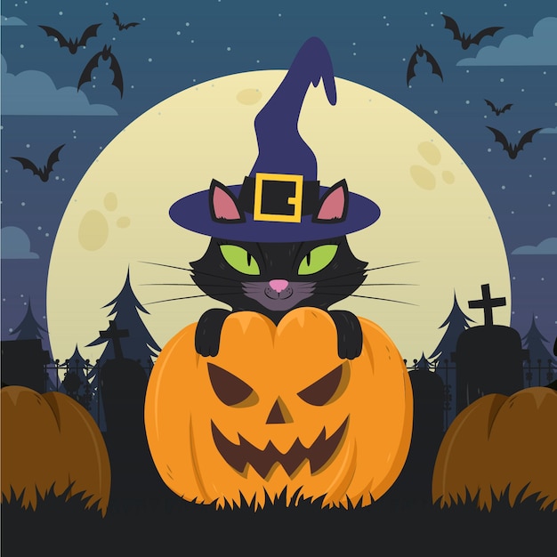 Hand gezeichnete flache halloween-katzenillustration