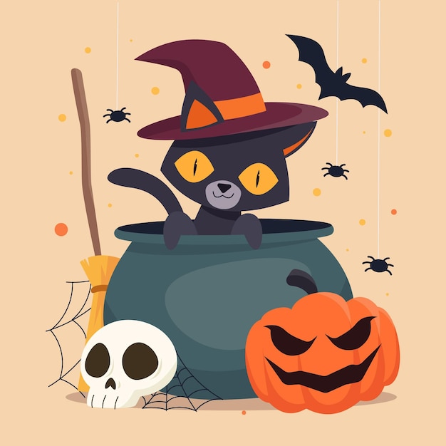 Kostenloser Vektor hand gezeichnete flache halloween-katzenillustration