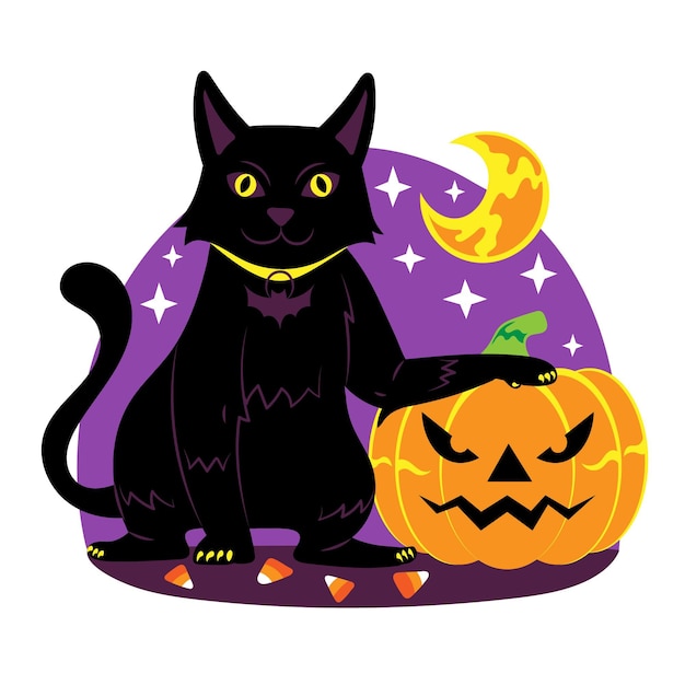 Hand gezeichnete flache halloween-katzenillustration