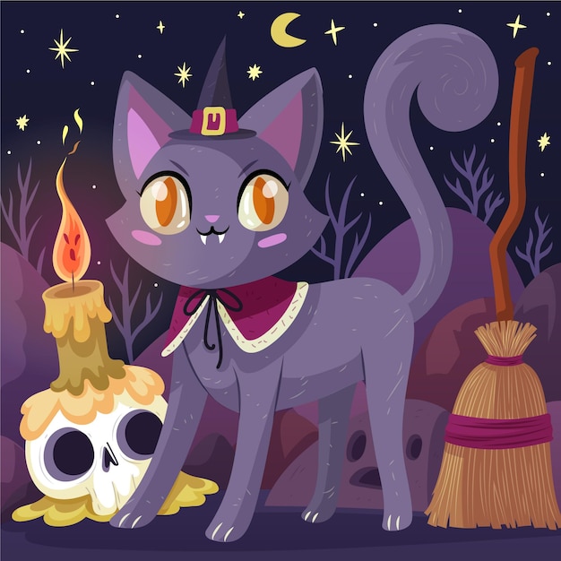 Kostenloser Vektor hand gezeichnete flache halloween-katzenillustration