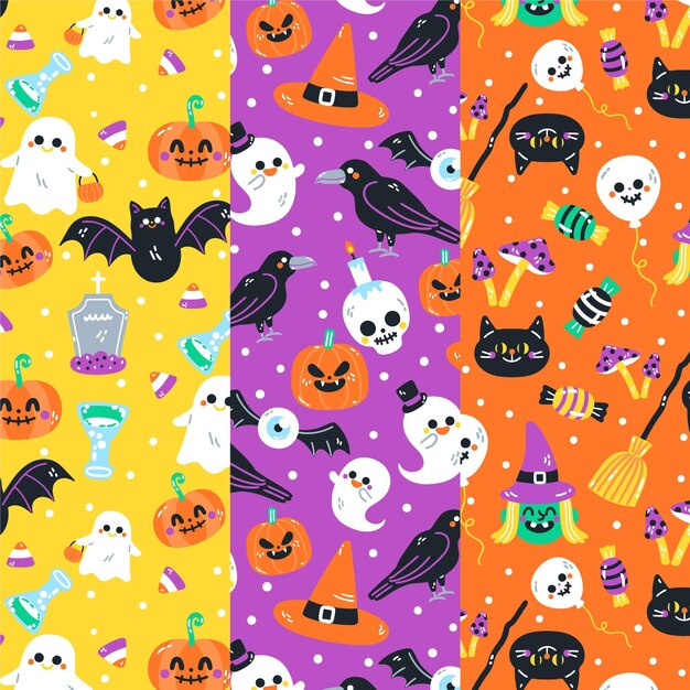Hand gezeichnete flache halloween-mustersammlung