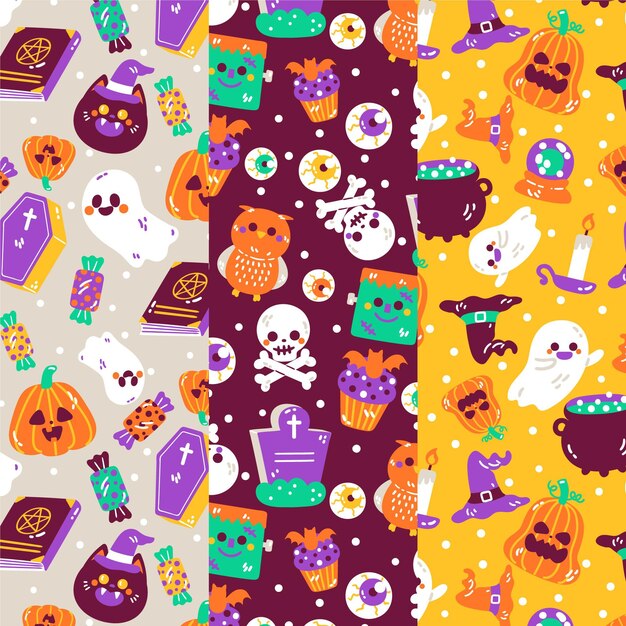 Hand gezeichnete flache halloween-mustersammlung