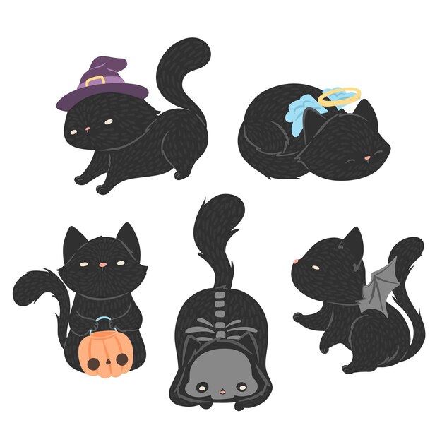 Hand gezeichnete flache halloween schwarze katzensammlung