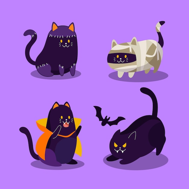 Kostenloser Vektor hand gezeichnete flache halloween schwarze katzensammlung
